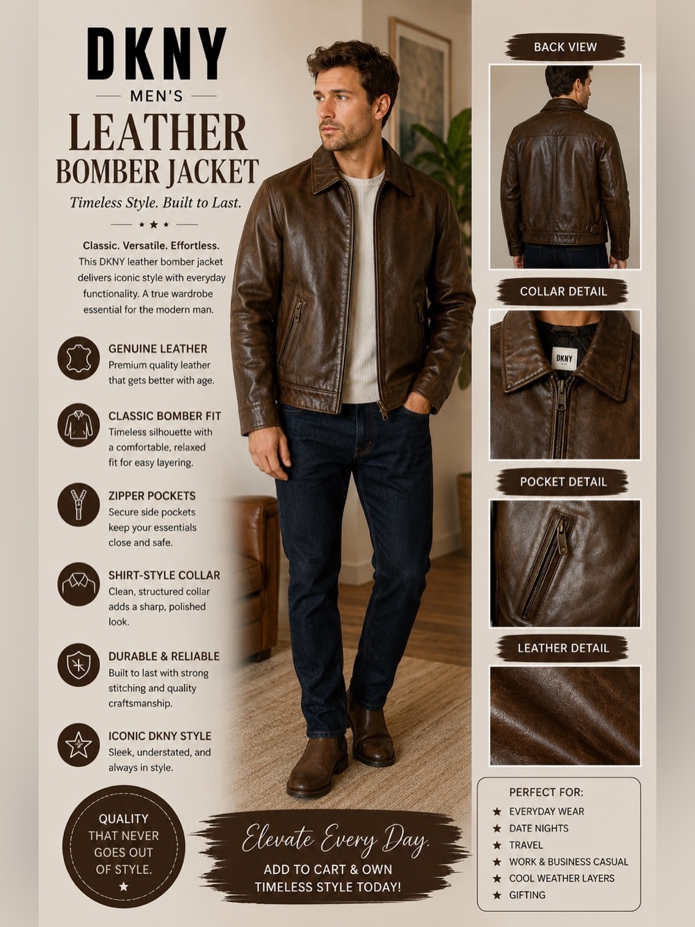 DKNY Classic Brown Genuine Leather Bomber Jacket | Vintage Style